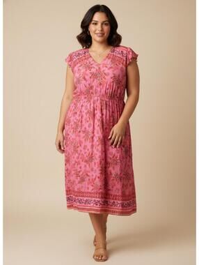 Rusttydustty Bohemian Pink Floral Maxi Dress with Ruffle Sleeves 2XL